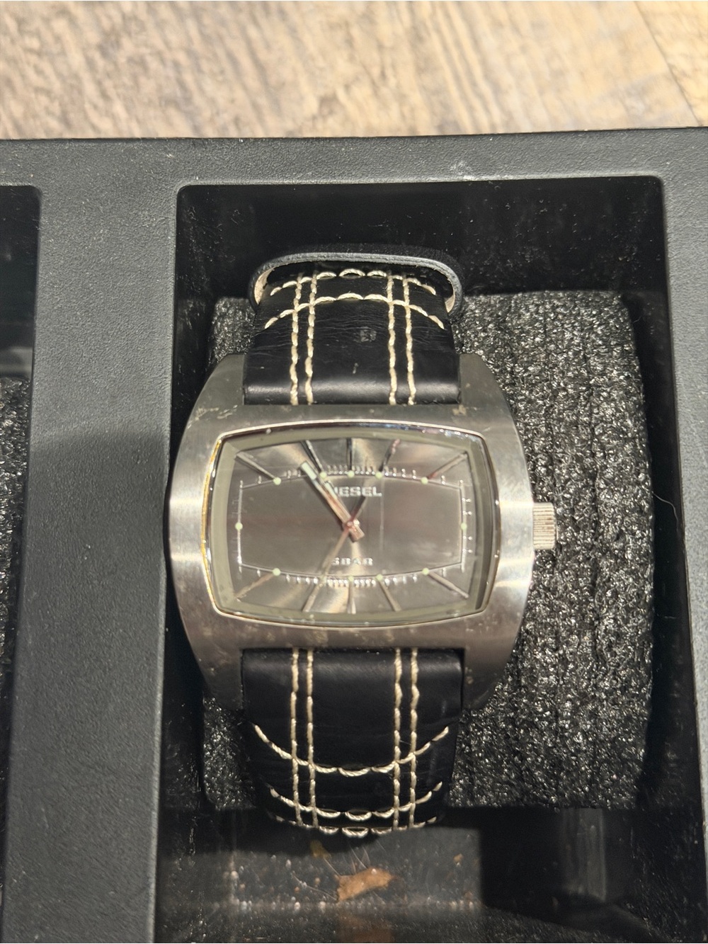 Diesel Black Leather Strap with White Contrast Stitching